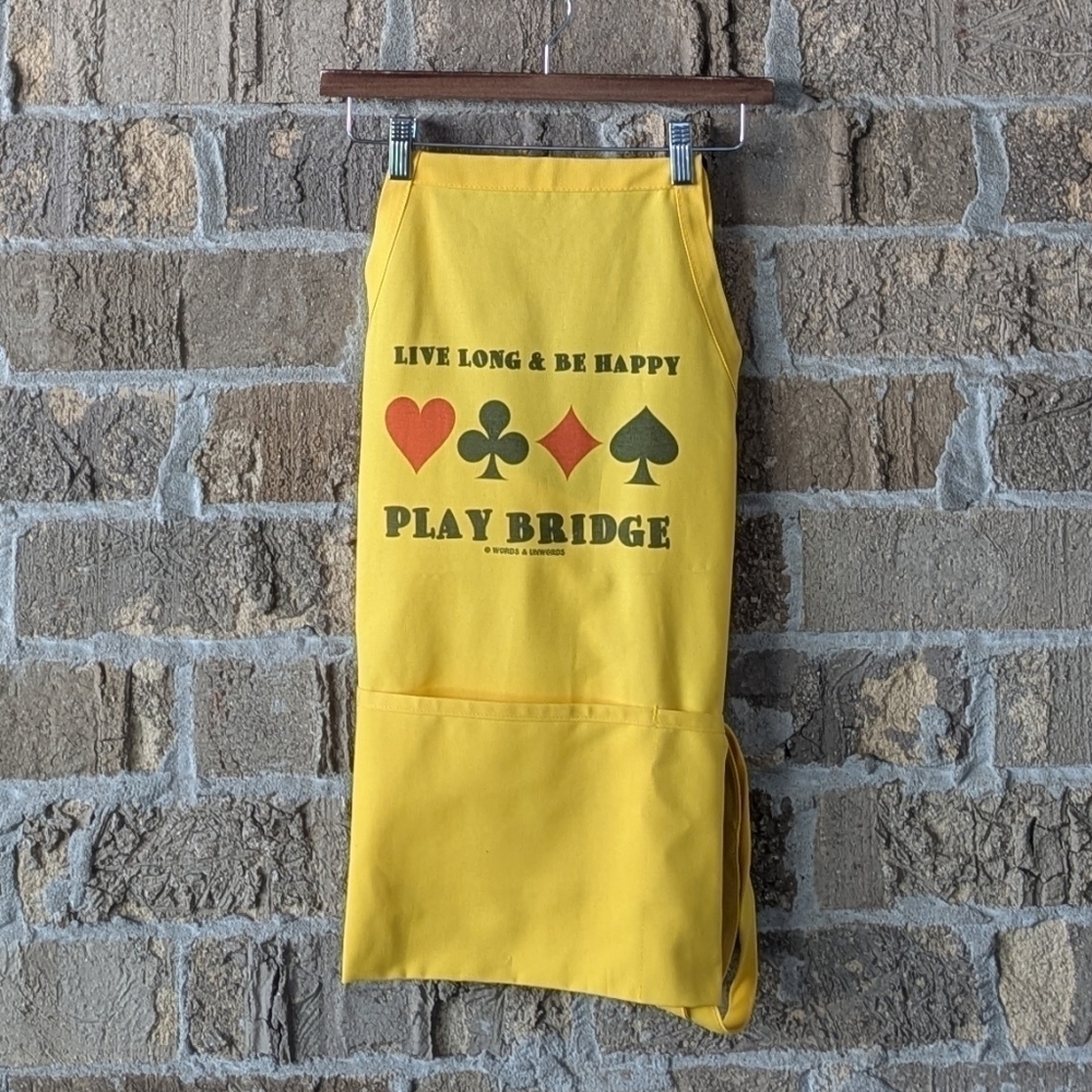 Vintage 80s Daystar Apparel Play Bridge Live Long & Be Happy Apron Yellow